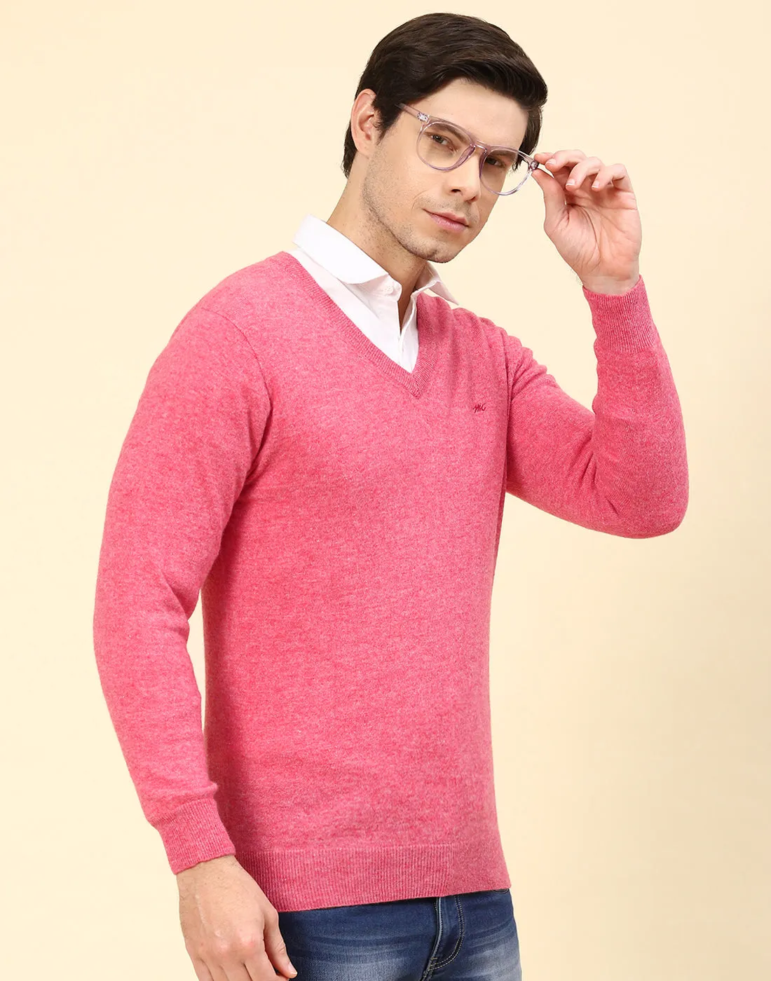 Men Pink Solid V Neck Full Sleeve Pullover