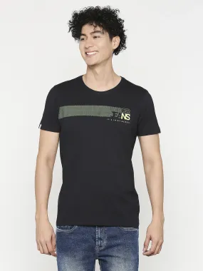 Men Premium Navy Blue Cotton Half Sleeve Printed Tshirt- Underjeans By Spykar
