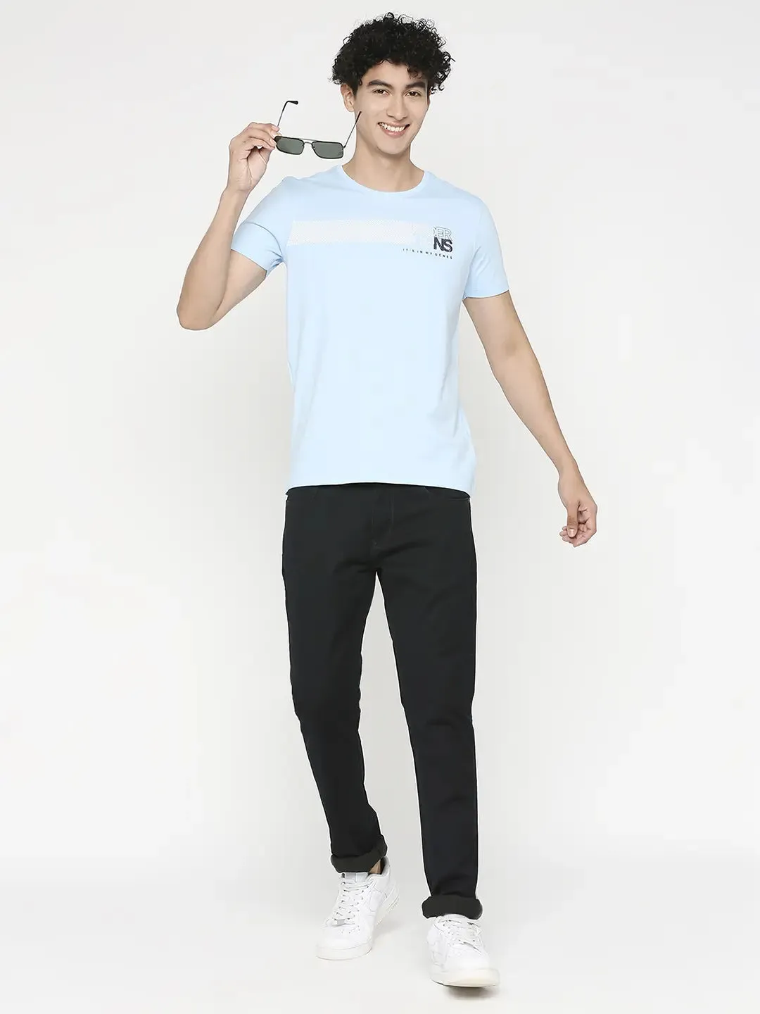 Men Premium Powder Blue Cotton Half Sleeve Printed Tshirt- Underjeans By Spykar