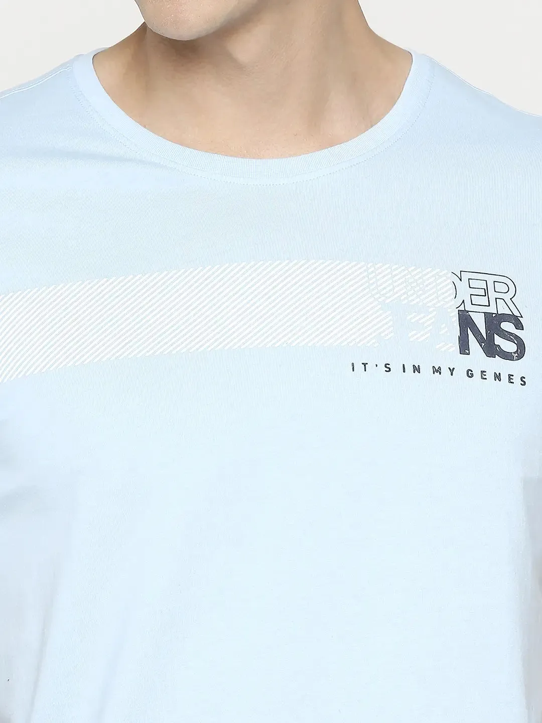Men Premium Powder Blue Cotton Half Sleeve Printed Tshirt- Underjeans By Spykar