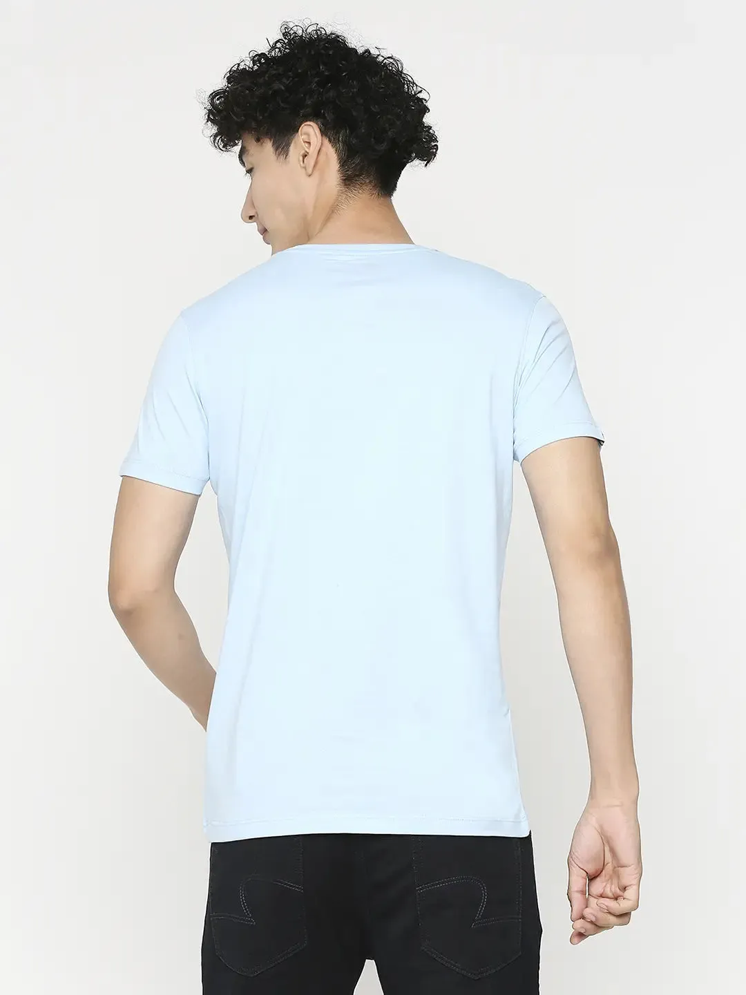 Men Premium Powder Blue Cotton Half Sleeve Printed Tshirt- Underjeans By Spykar