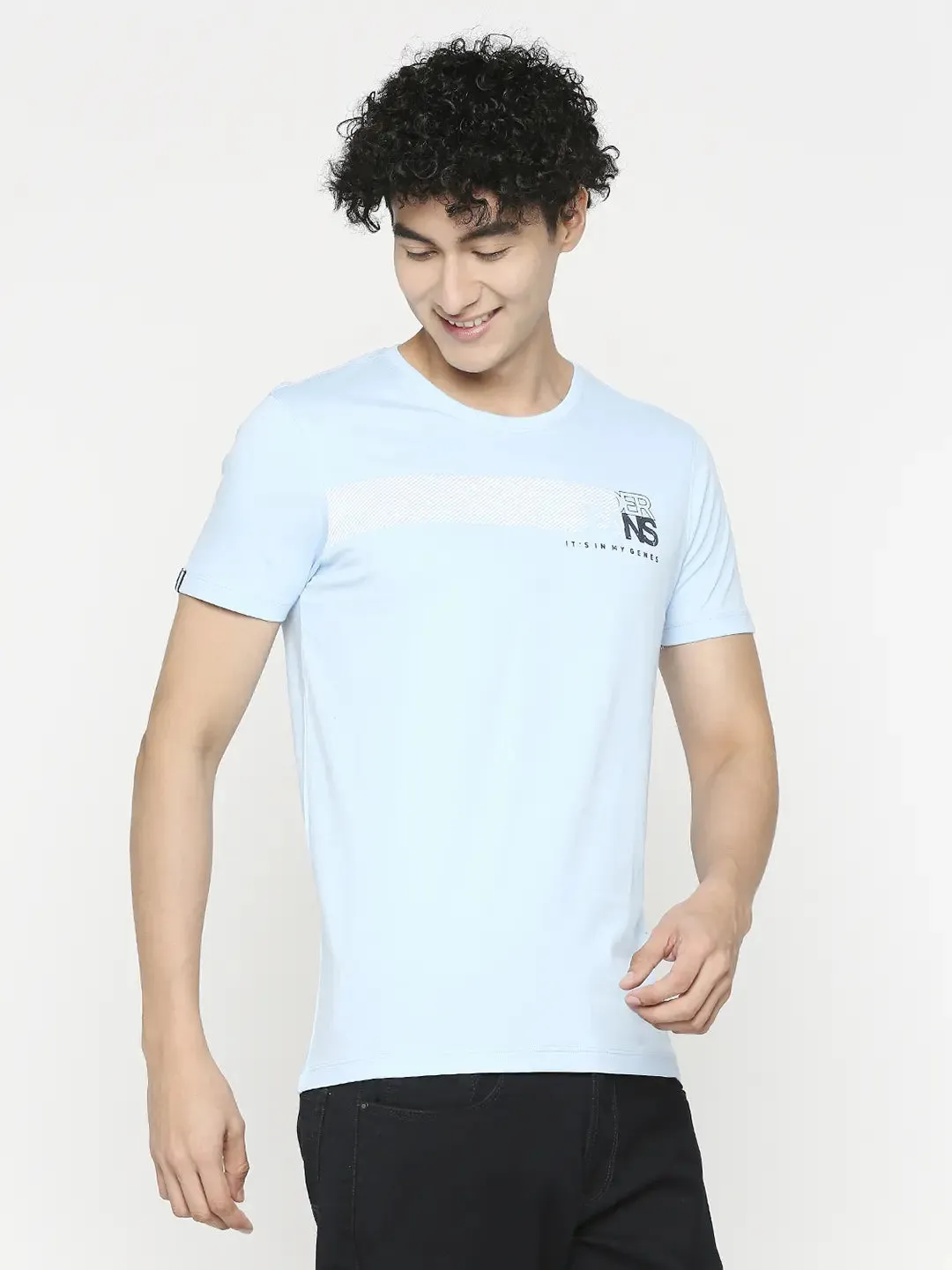 Men Premium Powder Blue Cotton Half Sleeve Printed Tshirt- Underjeans By Spykar