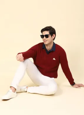 Men Purple Self Design Wool blend Pullover