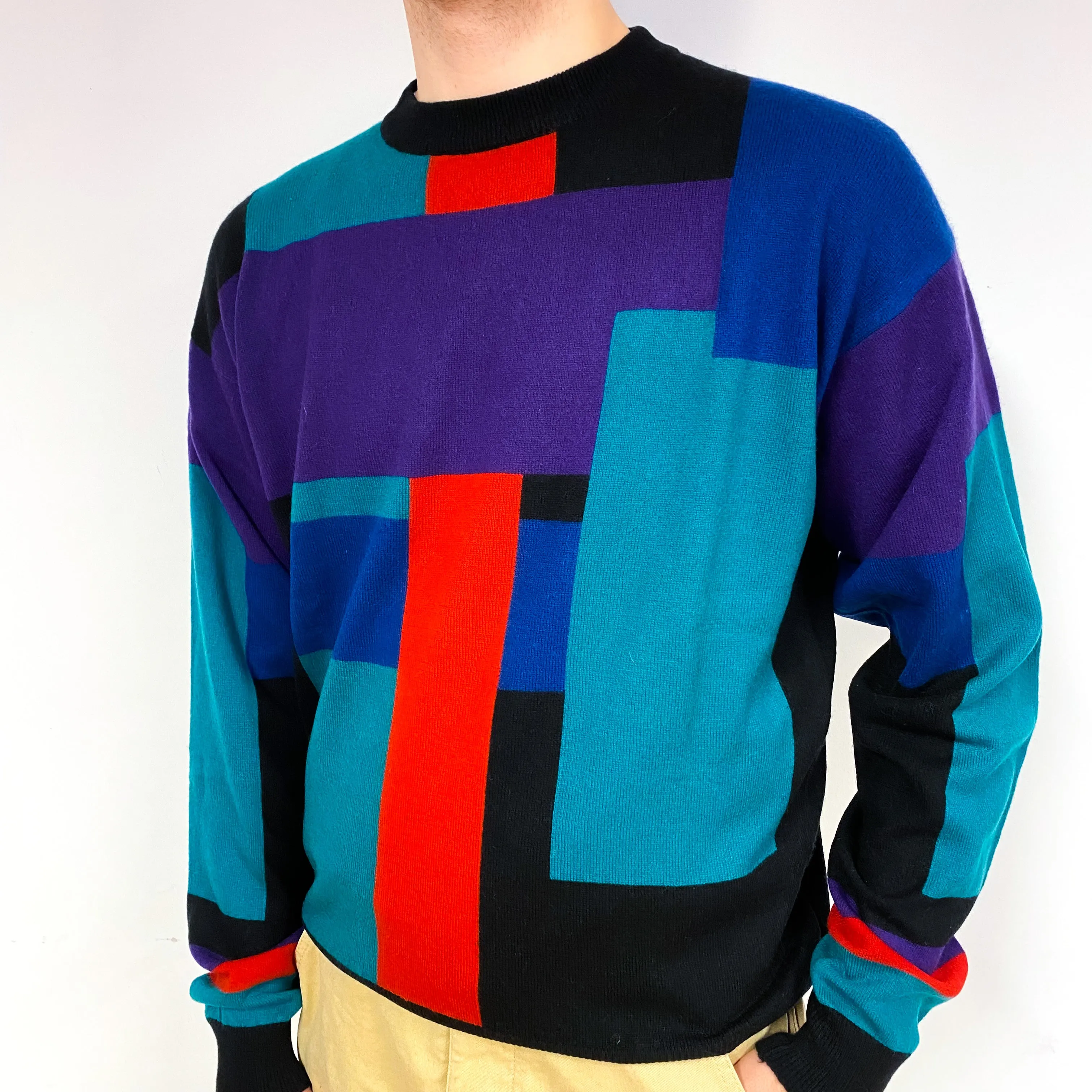 Men's 1980’s Vintage Colour Block Cashmere Crew Neck Jumper Medium