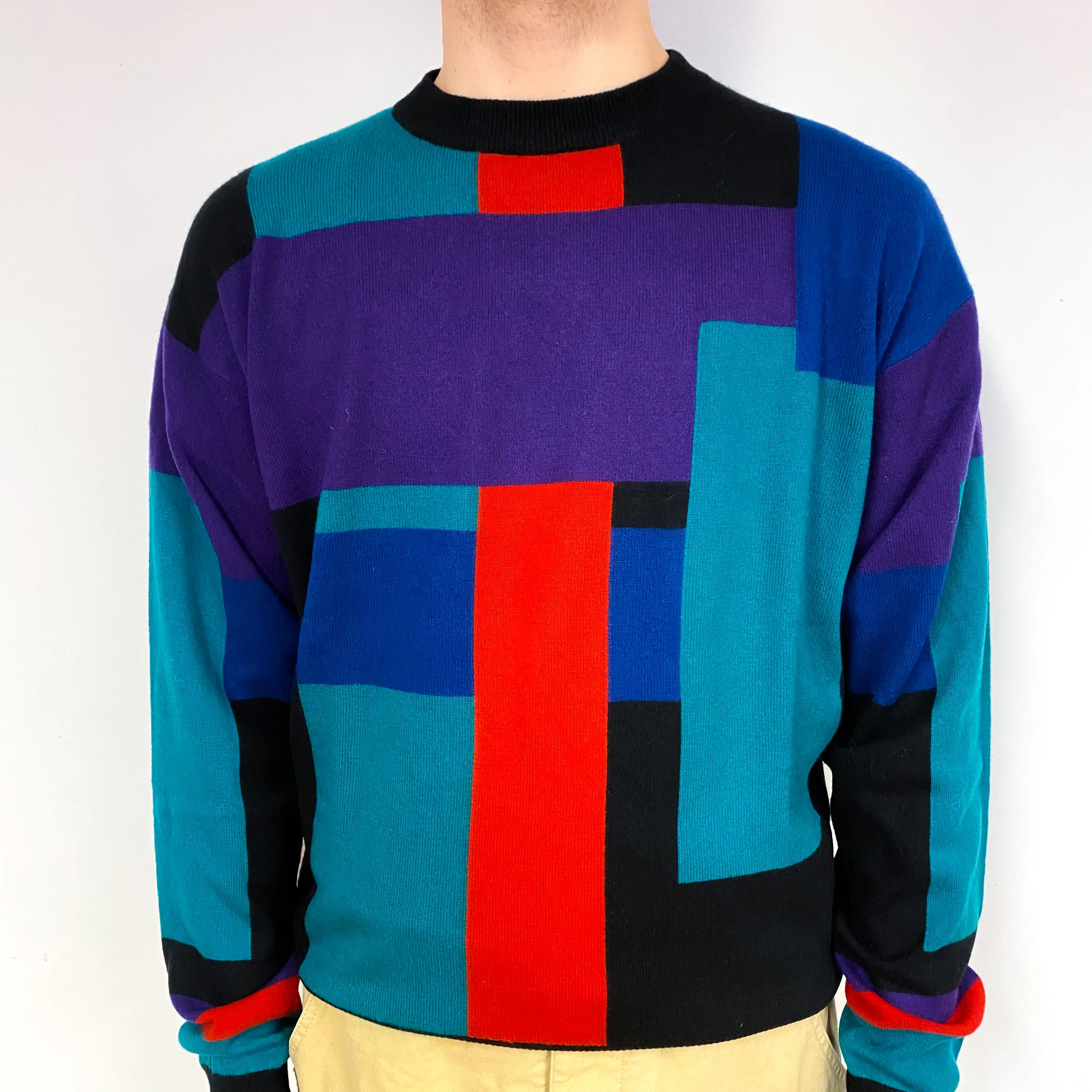 Men's 1980’s Vintage Colour Block Cashmere Crew Neck Jumper Medium