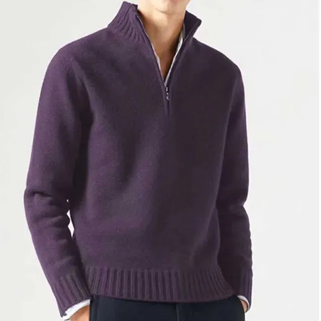 Men's Cashmere Zipper Basic Sweater - Winter Fleece Thicker Slim Half Zipper Turtleneck Warm Pullover
