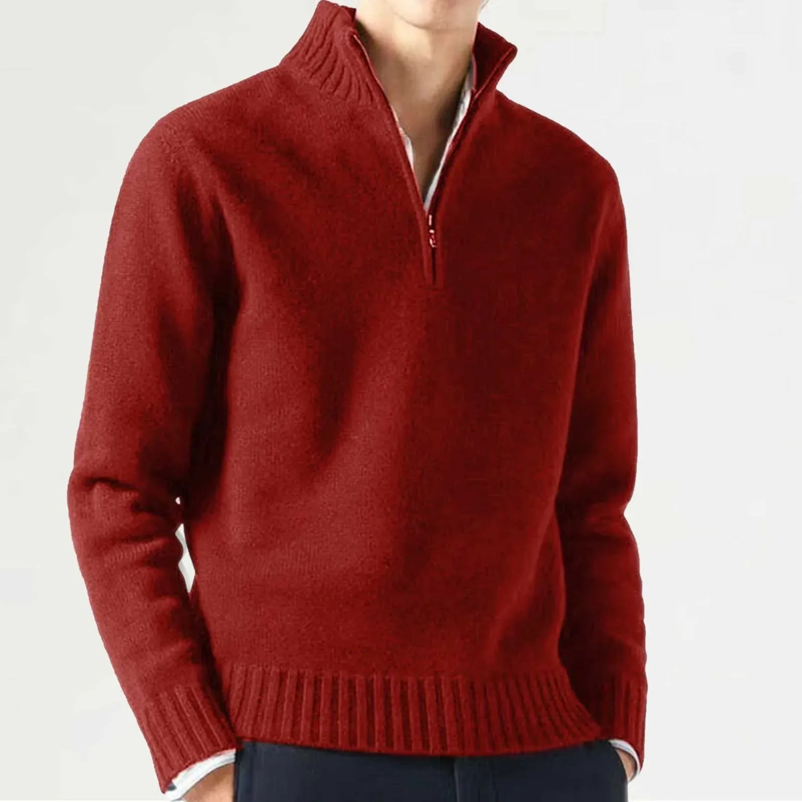 Men's Cashmere Zipper Basic Sweater - Winter Fleece Thicker Slim Half Zipper Turtleneck Warm Pullover