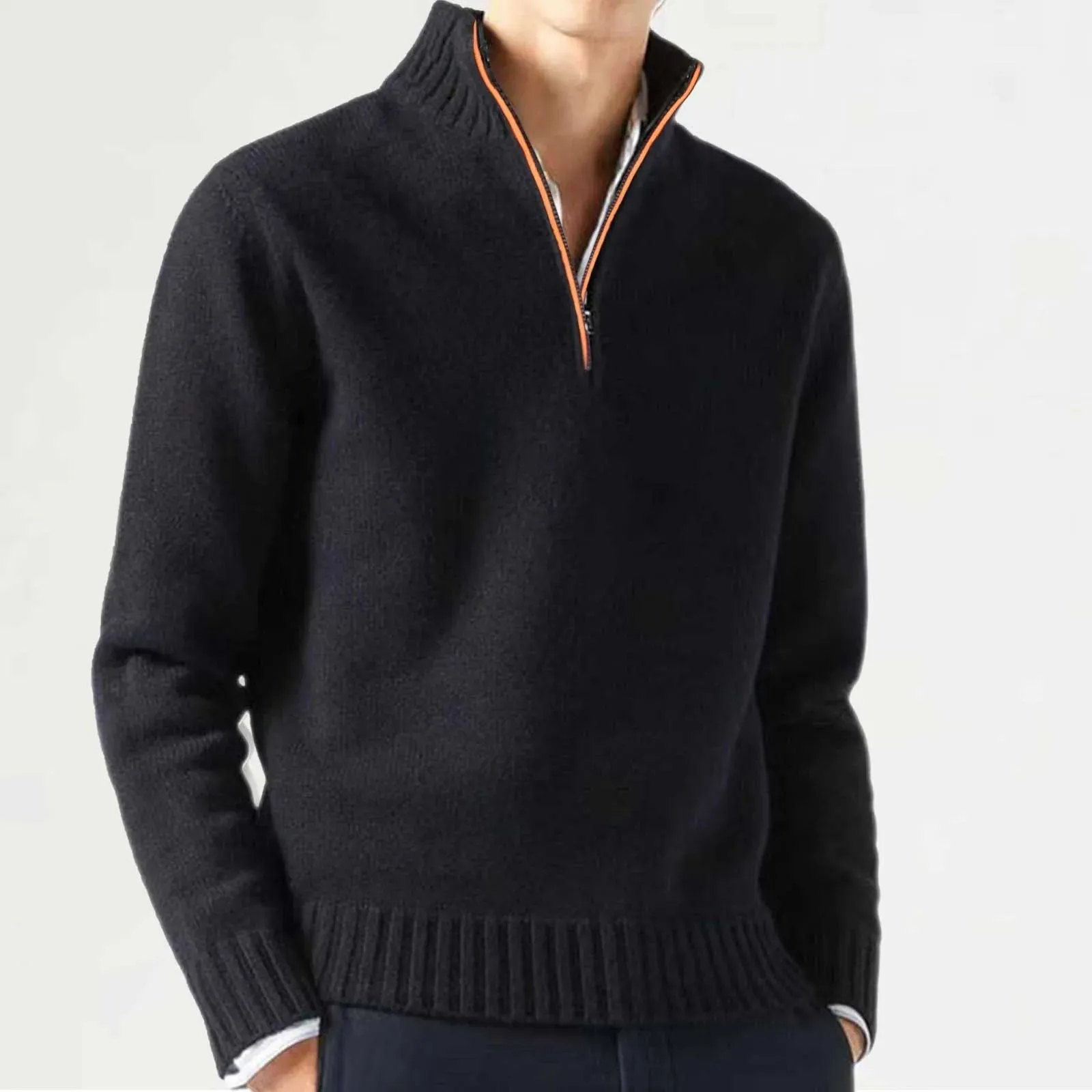 Men's Cashmere Zipper Basic Sweater - Winter Fleece Thicker Slim Half Zipper Turtleneck Warm Pullover