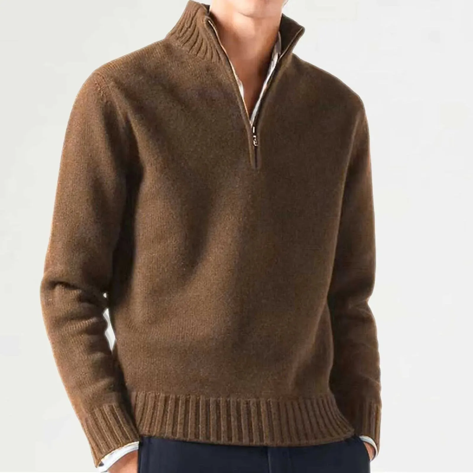 Men's Cashmere Zipper Basic Sweater - Winter Fleece Thicker Slim Half Zipper Turtleneck Warm Pullover
