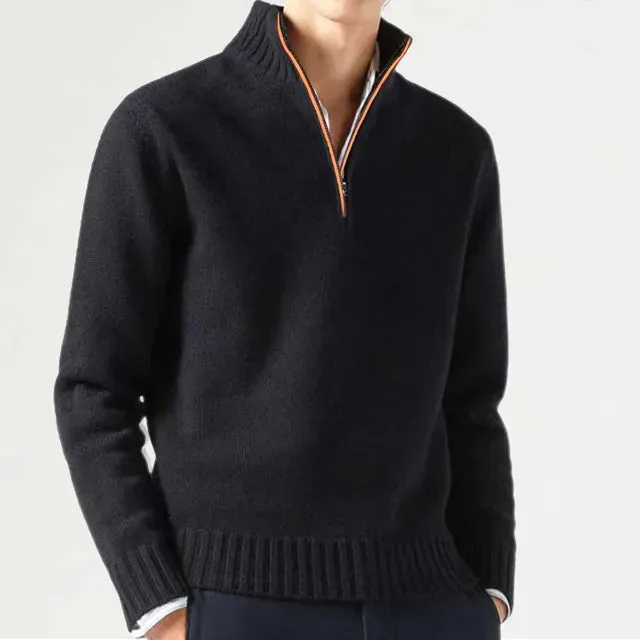 Men's Cashmere Zipper Basic Sweater - Winter Fleece Thicker Slim Half Zipper Turtleneck Warm Pullover