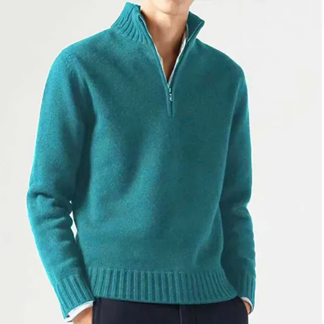 Men's Cashmere Zipper Basic Sweater - Winter Fleece Thicker Slim Half Zipper Turtleneck Warm Pullover