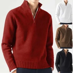 Men's Cashmere Zipper Basic Sweater - Winter Fleece Thicker Slim Half Zipper Turtleneck Warm Pullover