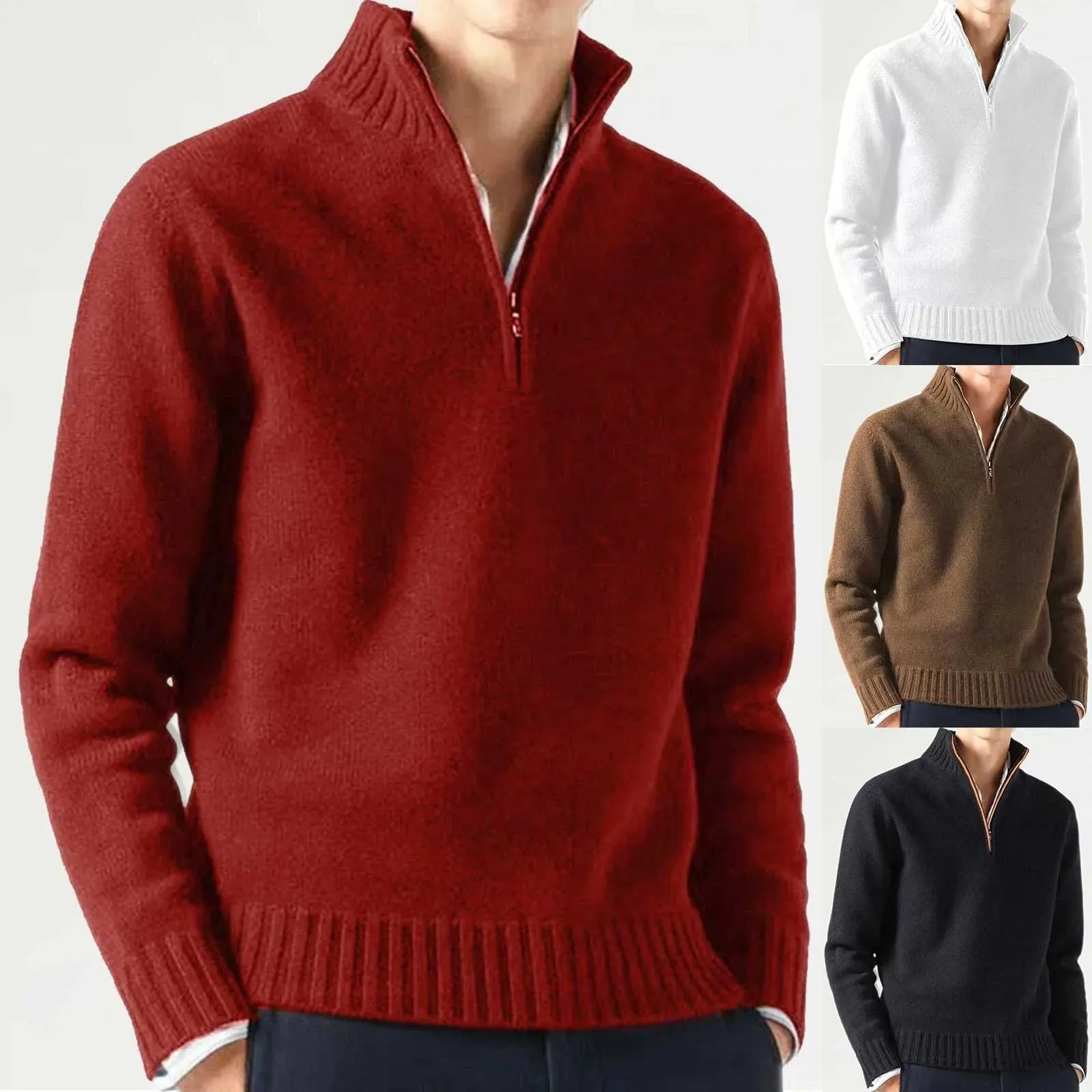 Men's Cashmere Zipper Basic Sweater - Winter Fleece Thicker Slim Half Zipper Turtleneck Warm Pullover