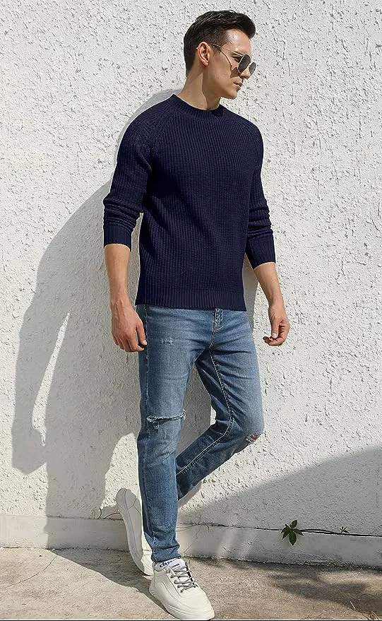 Men's Crewneck Casual Sweater Structured Knit Pullover - Navy