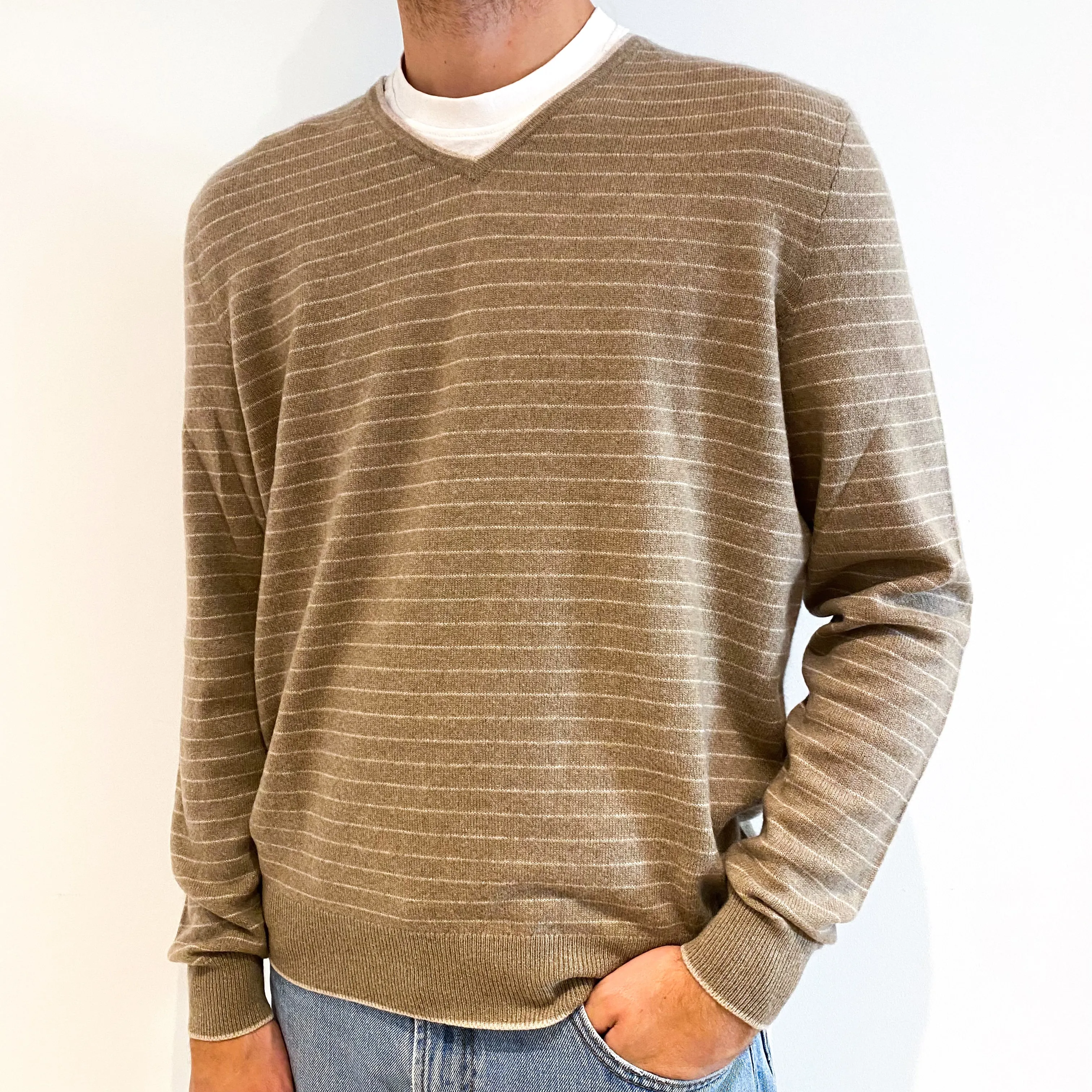 Men's Mocha Brown Stripe Cashmere V-Neck Jumper Large