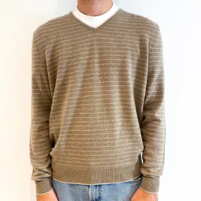 Men's Mocha Brown Stripe Cashmere V-Neck Jumper Large