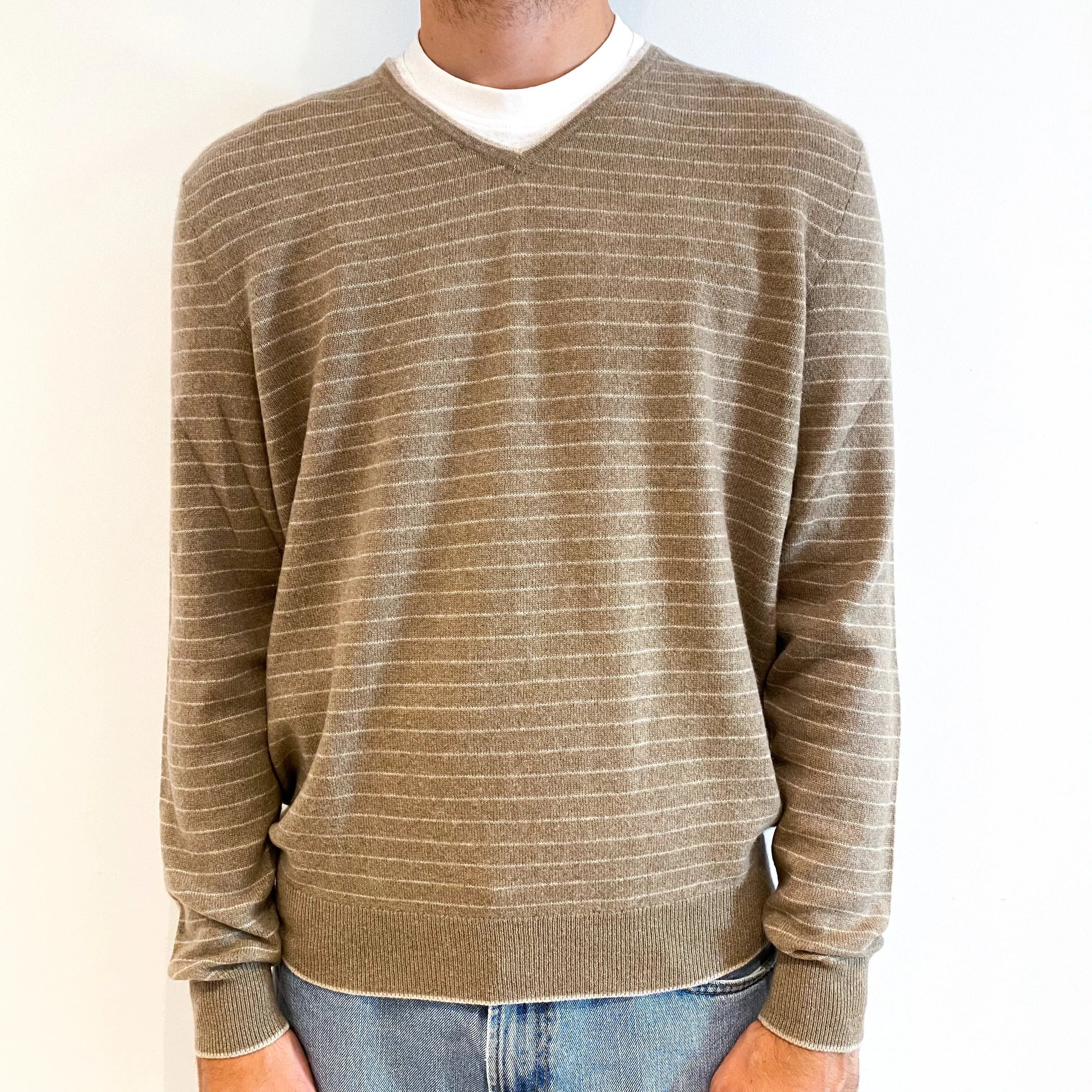 Men's Mocha Brown Stripe Cashmere V-Neck Jumper Large