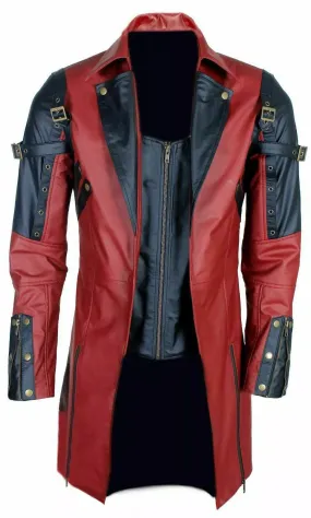 Men's Red  Genuine Leather Coat Punk Rave
