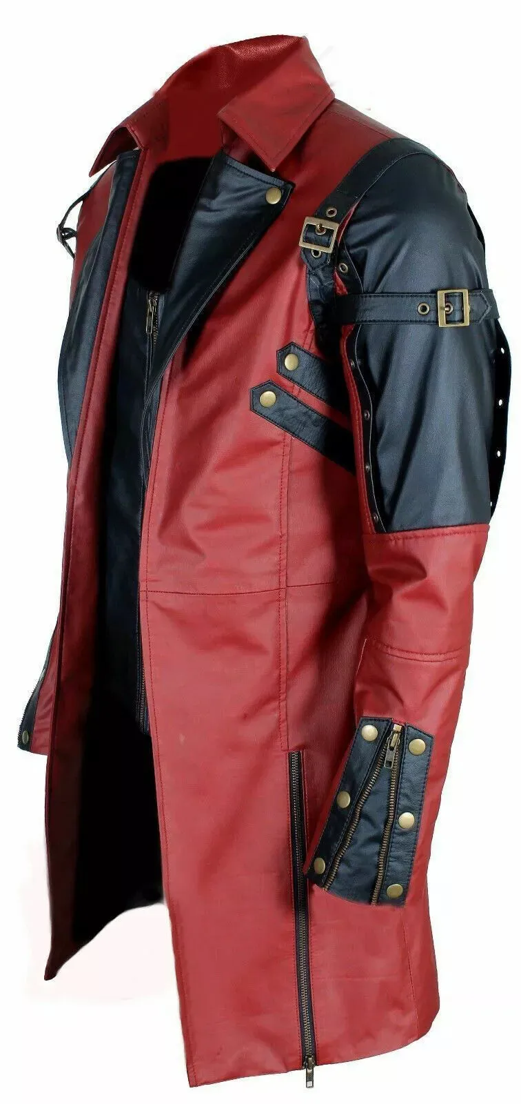 Men's Red  Genuine Leather Coat Punk Rave