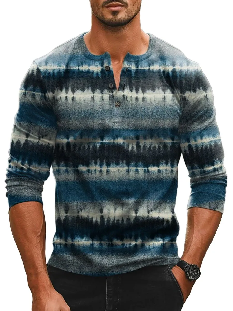 Men's Tie Dye Stripe Print Casual Henley Neck Long Sleeve T-Shirt