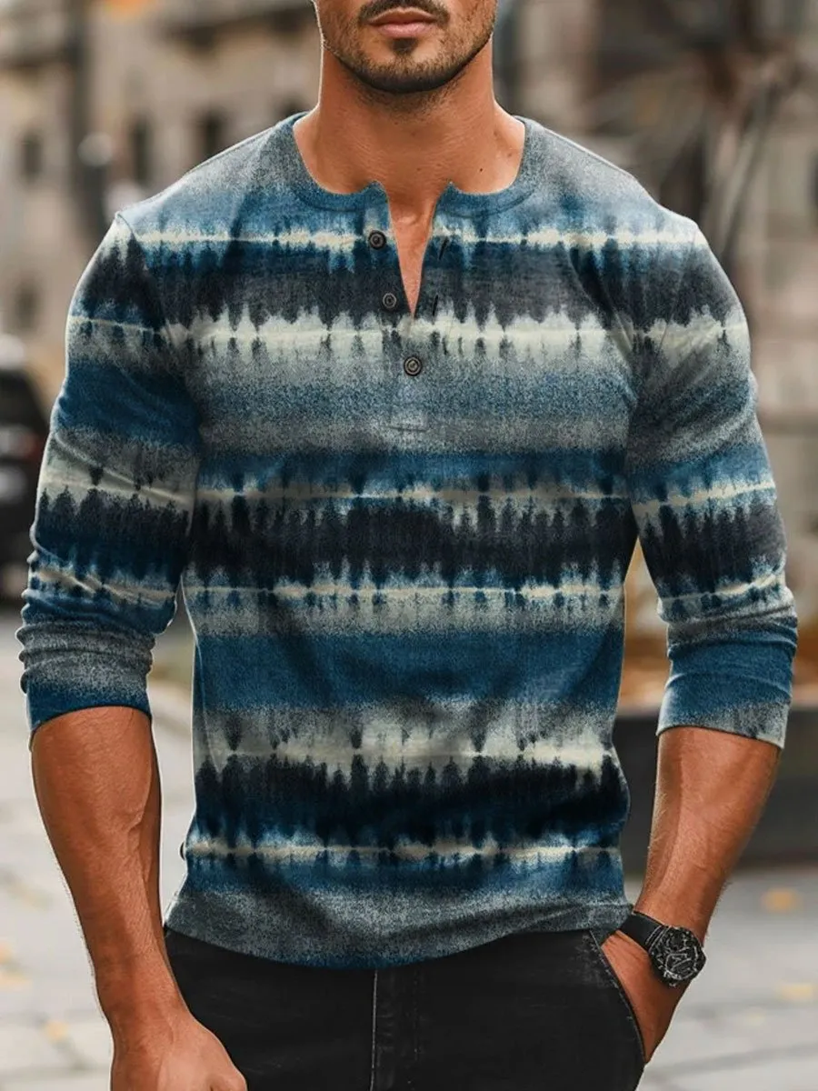 Men's Tie Dye Stripe Print Casual Henley Neck Long Sleeve T-Shirt