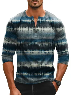 Men's Tie Dye Stripe Print Casual Henley Neck Long Sleeve T-Shirt