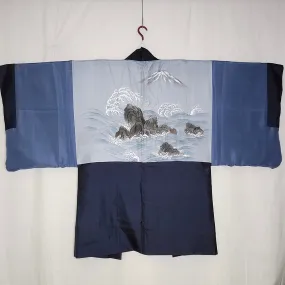 Mens Vintage Haori Coat - Navy Waves
