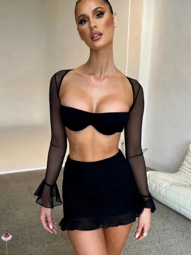 Mesh Seduction Set: Strapless Crop Top & Mini Skirt Combo - Club Party Chic
