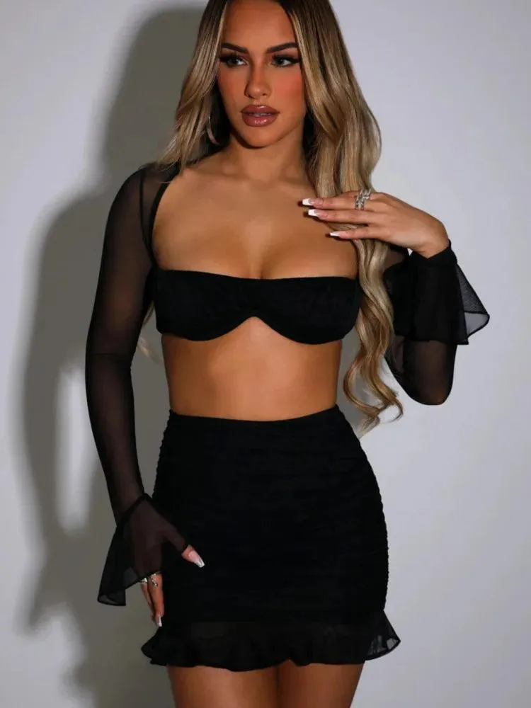 Mesh Seduction Set: Strapless Crop Top & Mini Skirt Combo - Club Party Chic