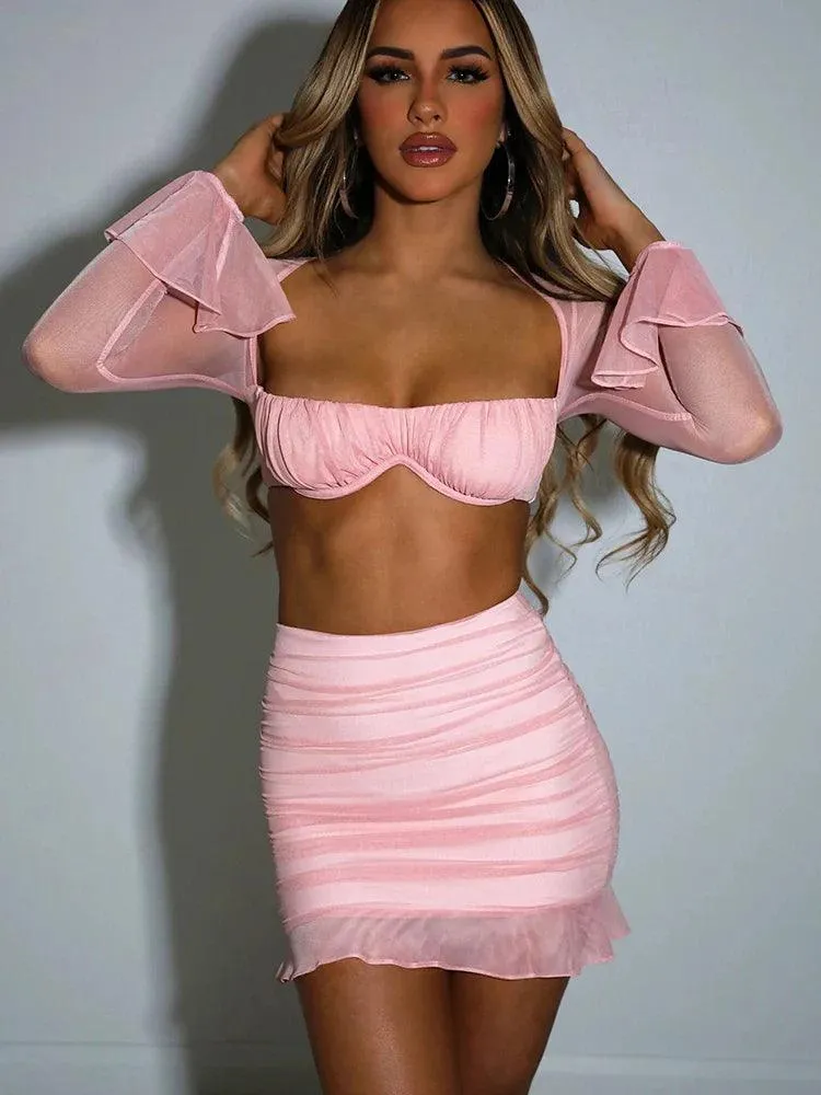 Mesh Seduction Set: Strapless Crop Top & Mini Skirt Combo - Club Party Chic