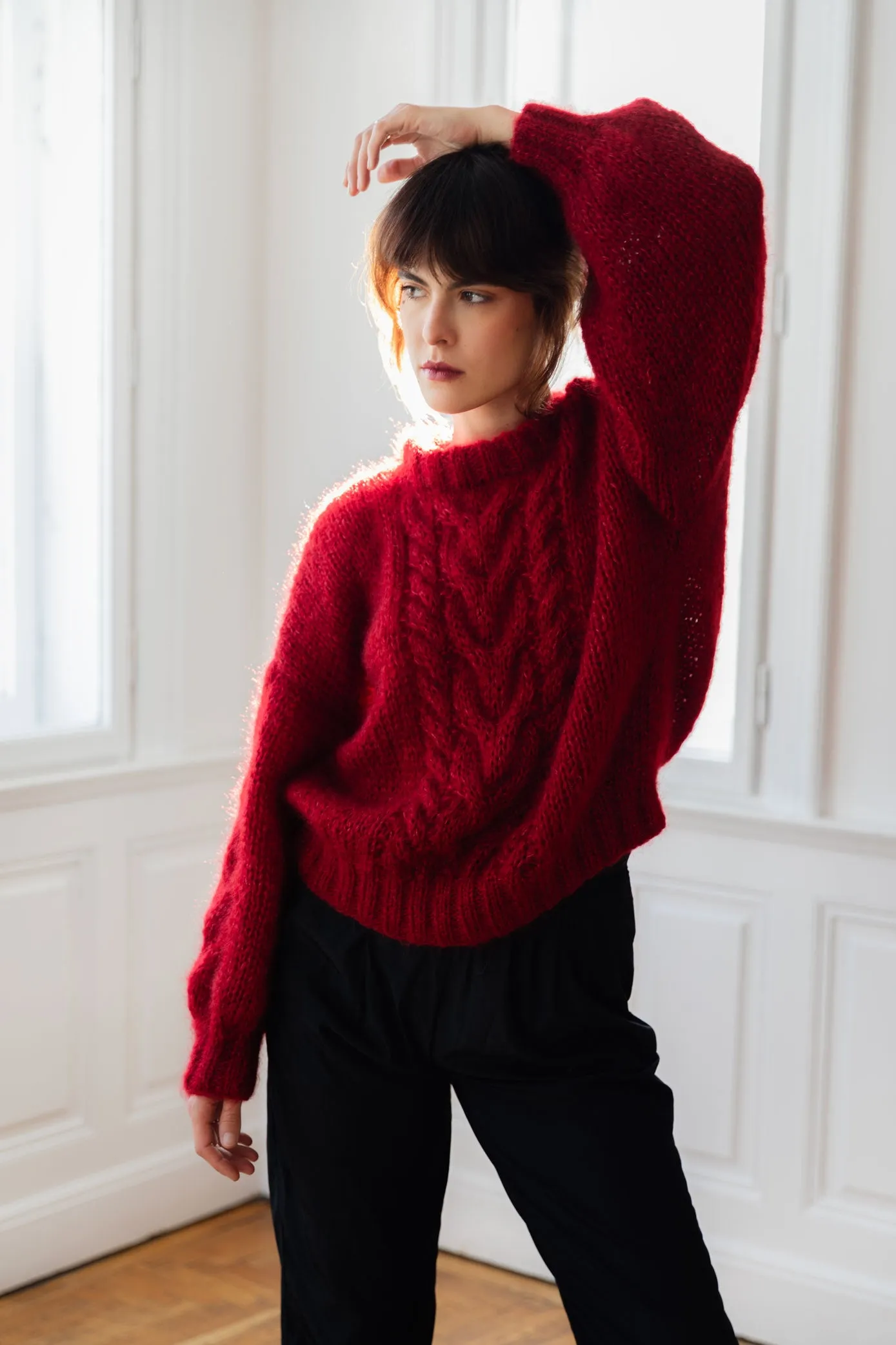 Mohair Cable Knit Sweater - Burgundy Red