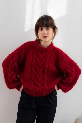 Mohair Cable Knit Sweater - Burgundy Red