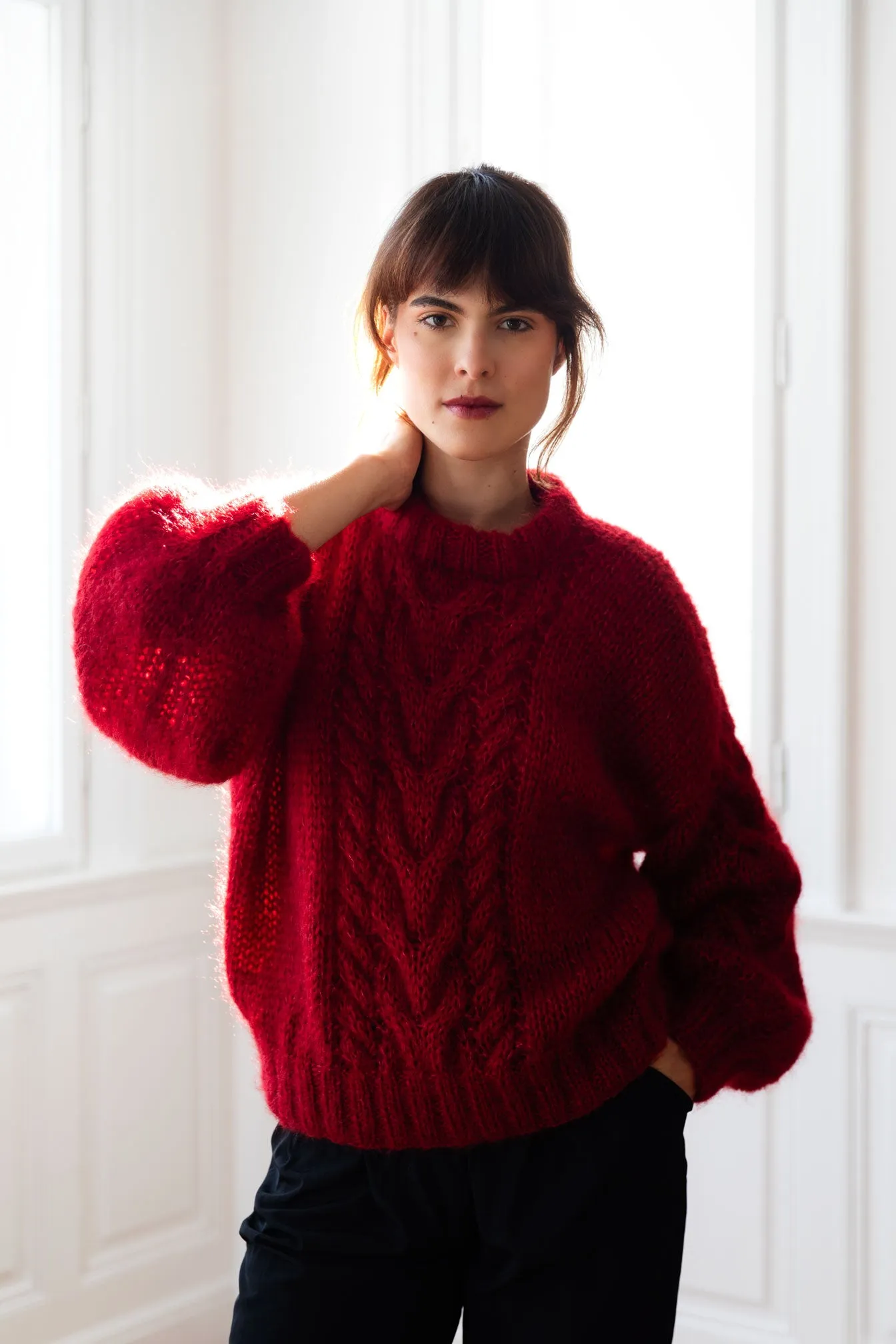 Mohair Cable Knit Sweater - Burgundy Red