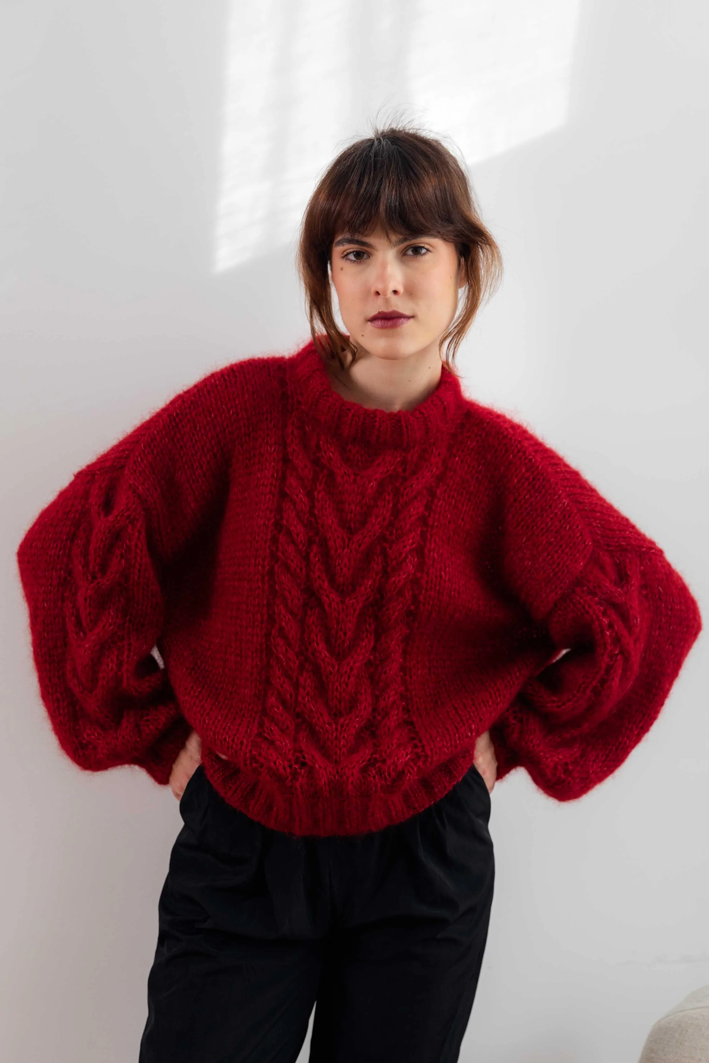Mohair Cable Knit Sweater - Burgundy Red