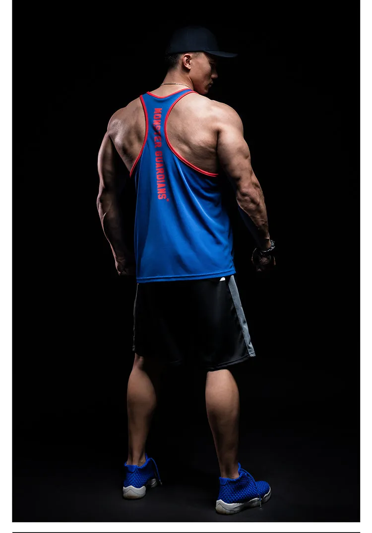 MONSTER GUARDIANS MUSCLE VEST IN RED TEXT PRINT