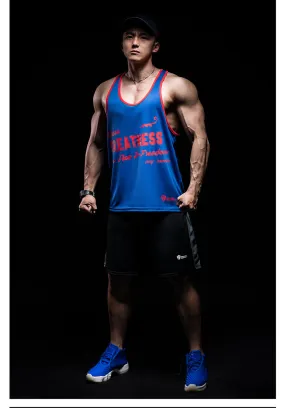MONSTER GUARDIANS MUSCLE VEST IN RED TEXT PRINT