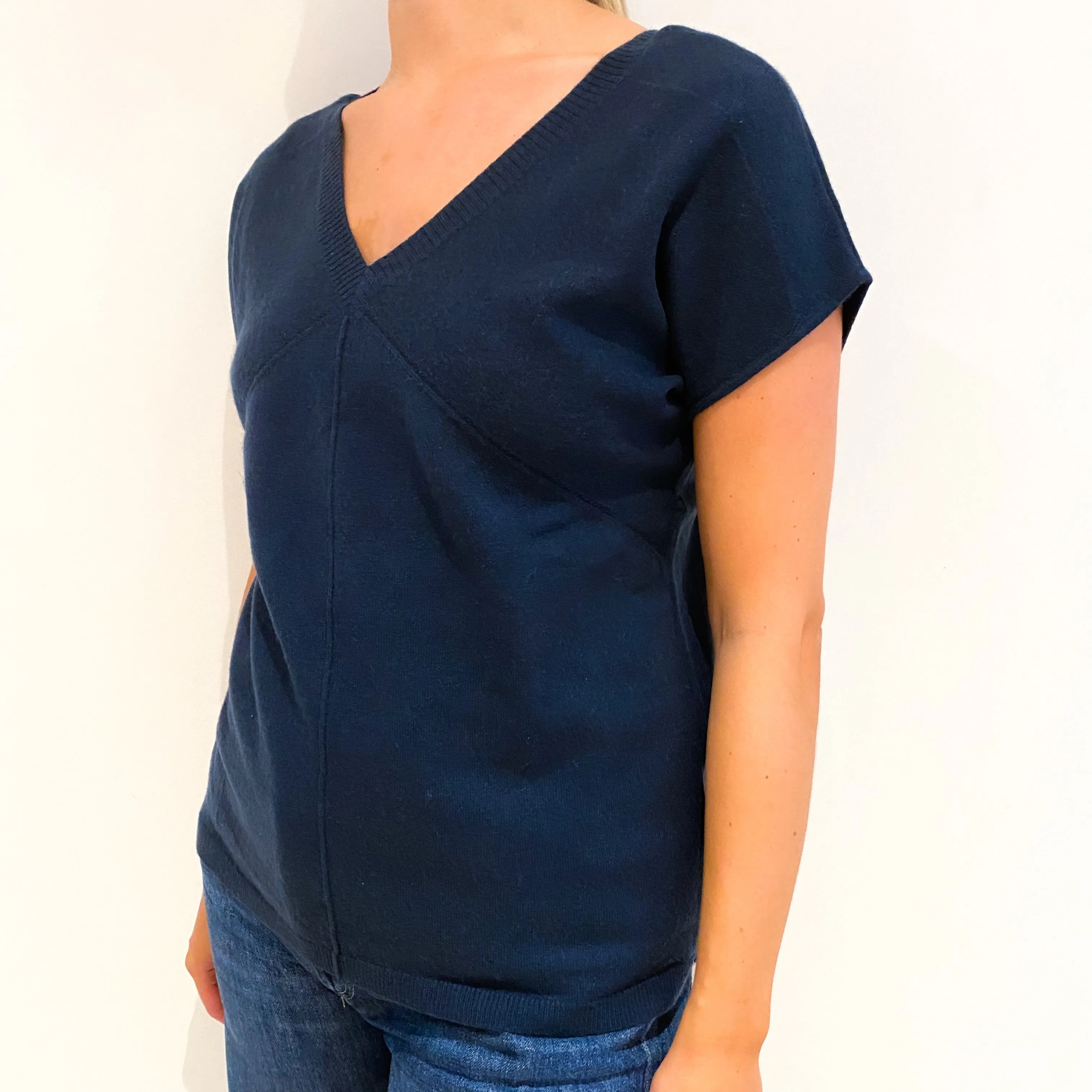 Naval Blue Short Sleeved Batwing Cashmere V-Neck Jumper Medium