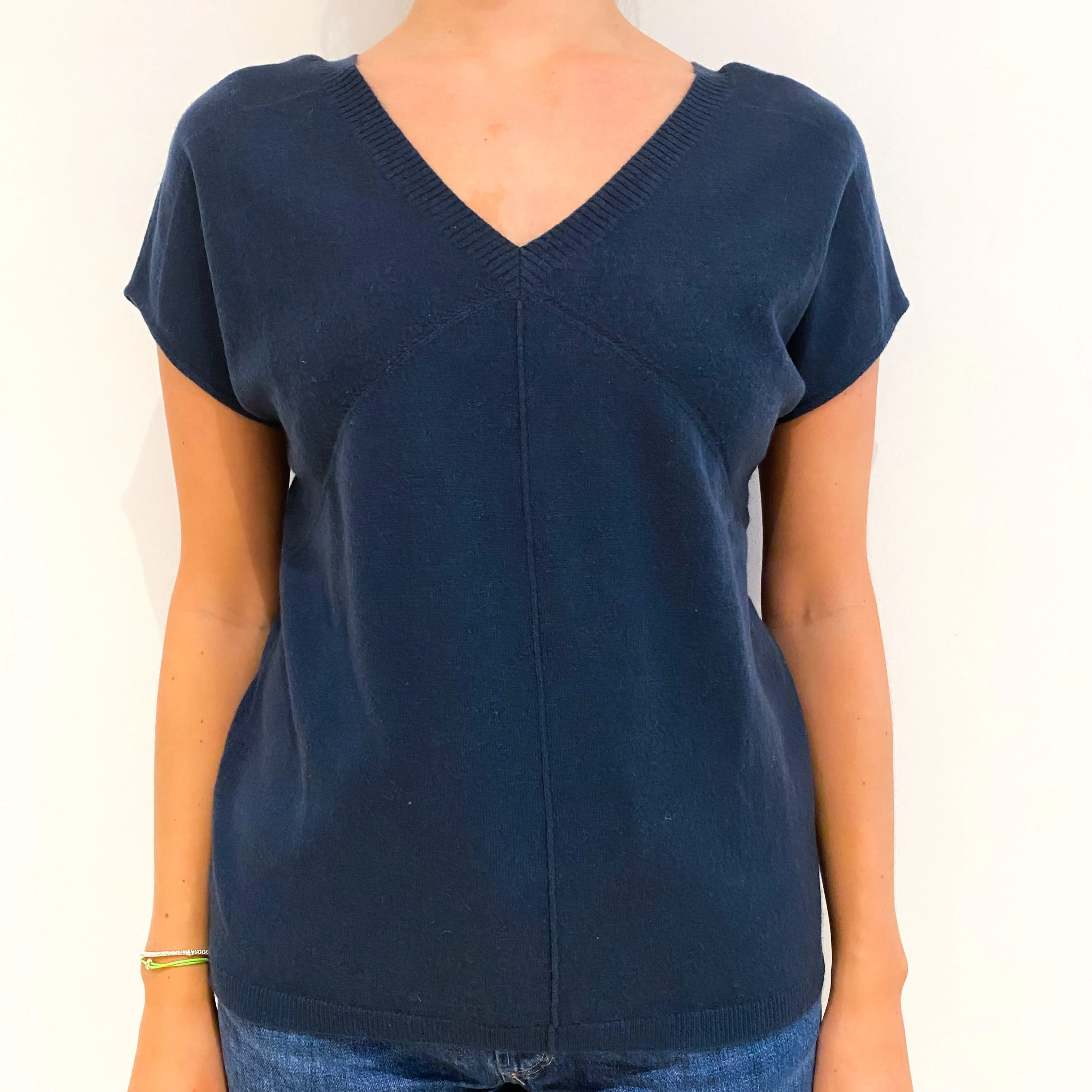 Naval Blue Short Sleeved Batwing Cashmere V-Neck Jumper Medium