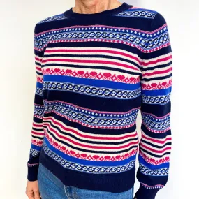 Navy And Fuchsia Pink Striped Cashmere Crew Neck Jumper Medium
