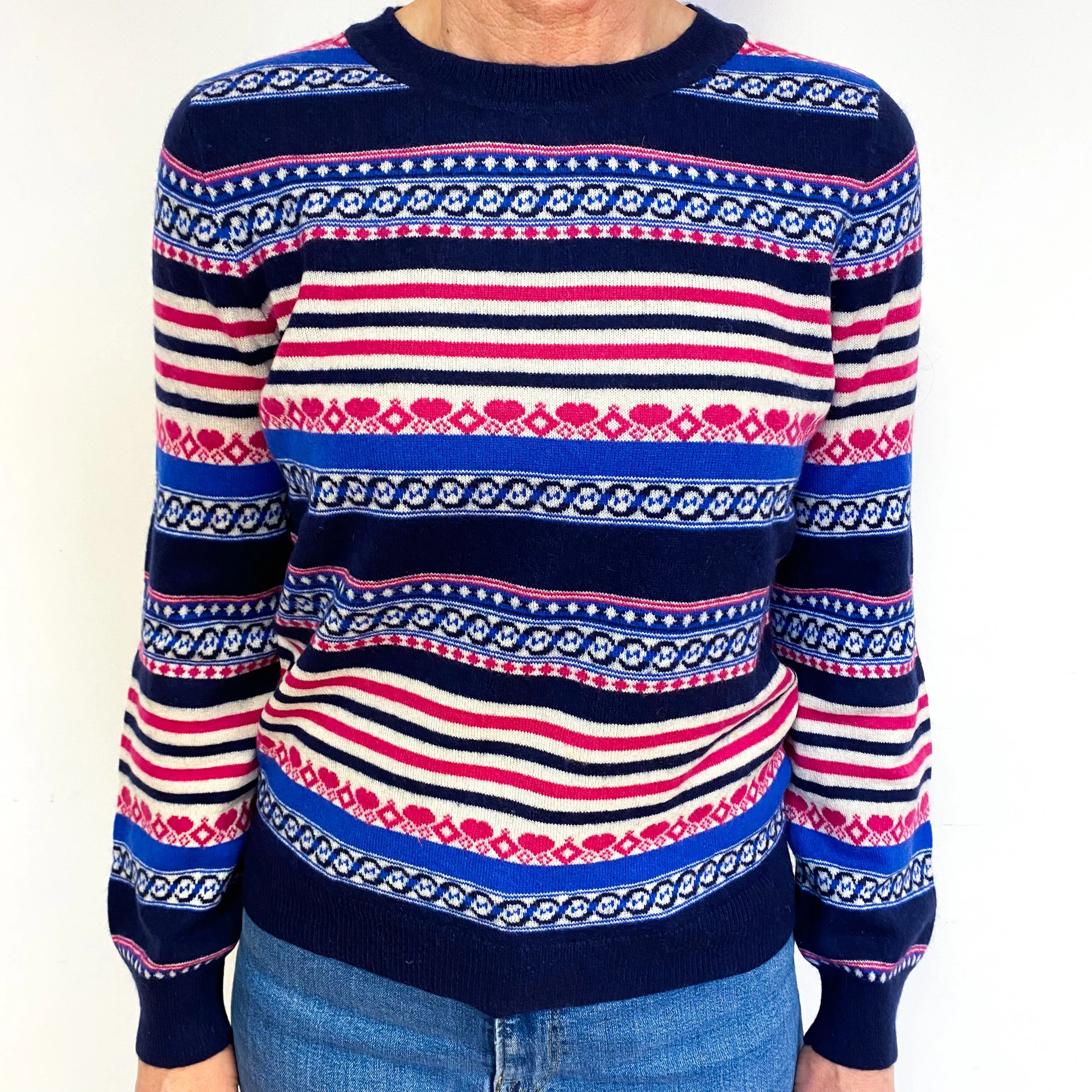 Navy And Fuchsia Pink Striped Cashmere Crew Neck Jumper Medium
