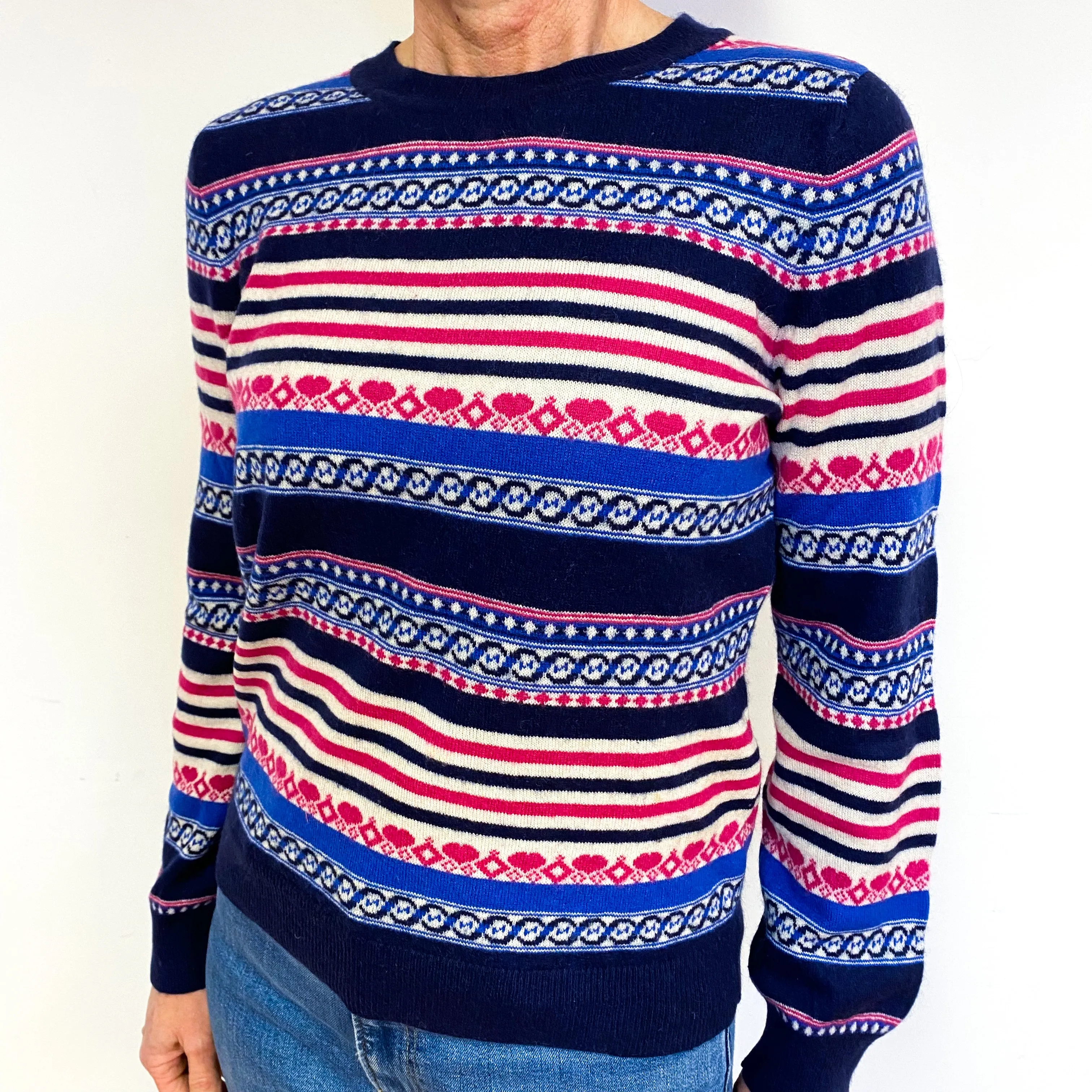 Navy And Fuchsia Pink Striped Cashmere Crew Neck Jumper Medium