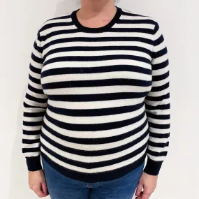 Navy Blue and Cream Striped Cashmere Crew Neck Jumper Extra Large
