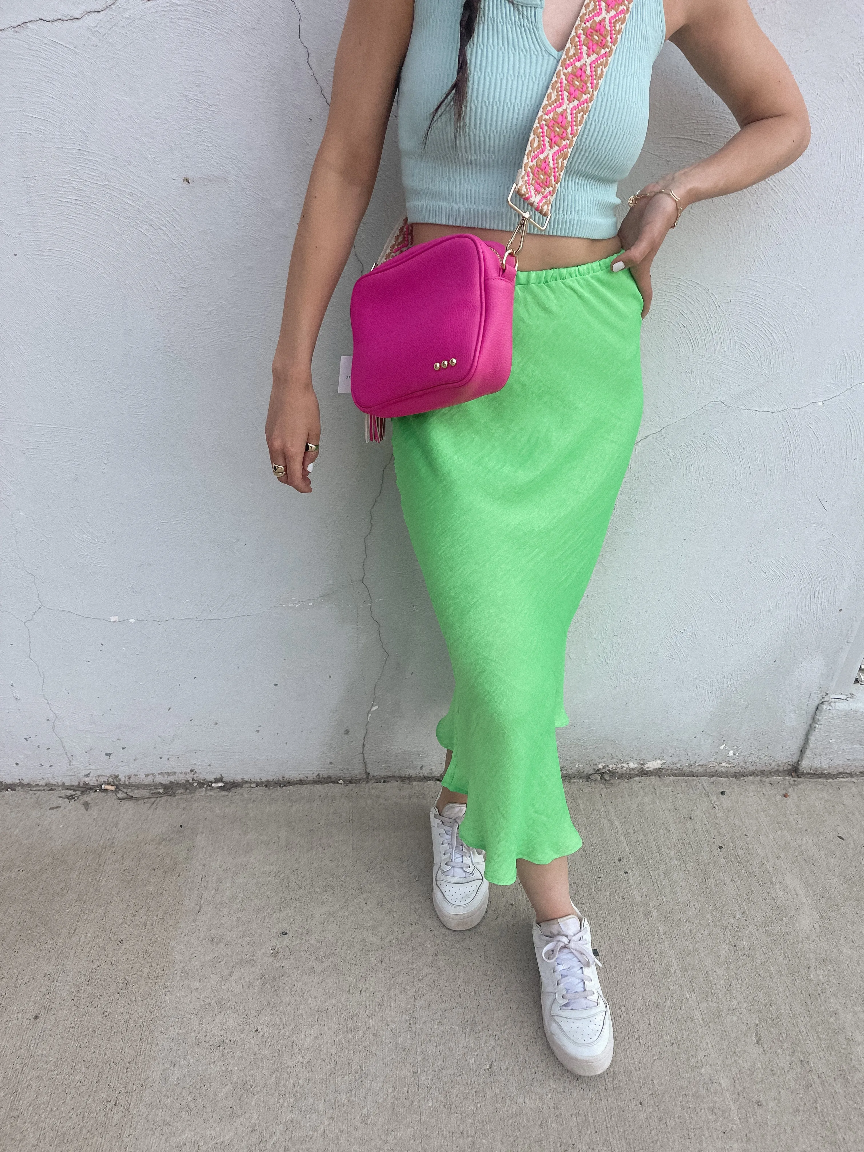 Neon Green Satin Midi Skirt