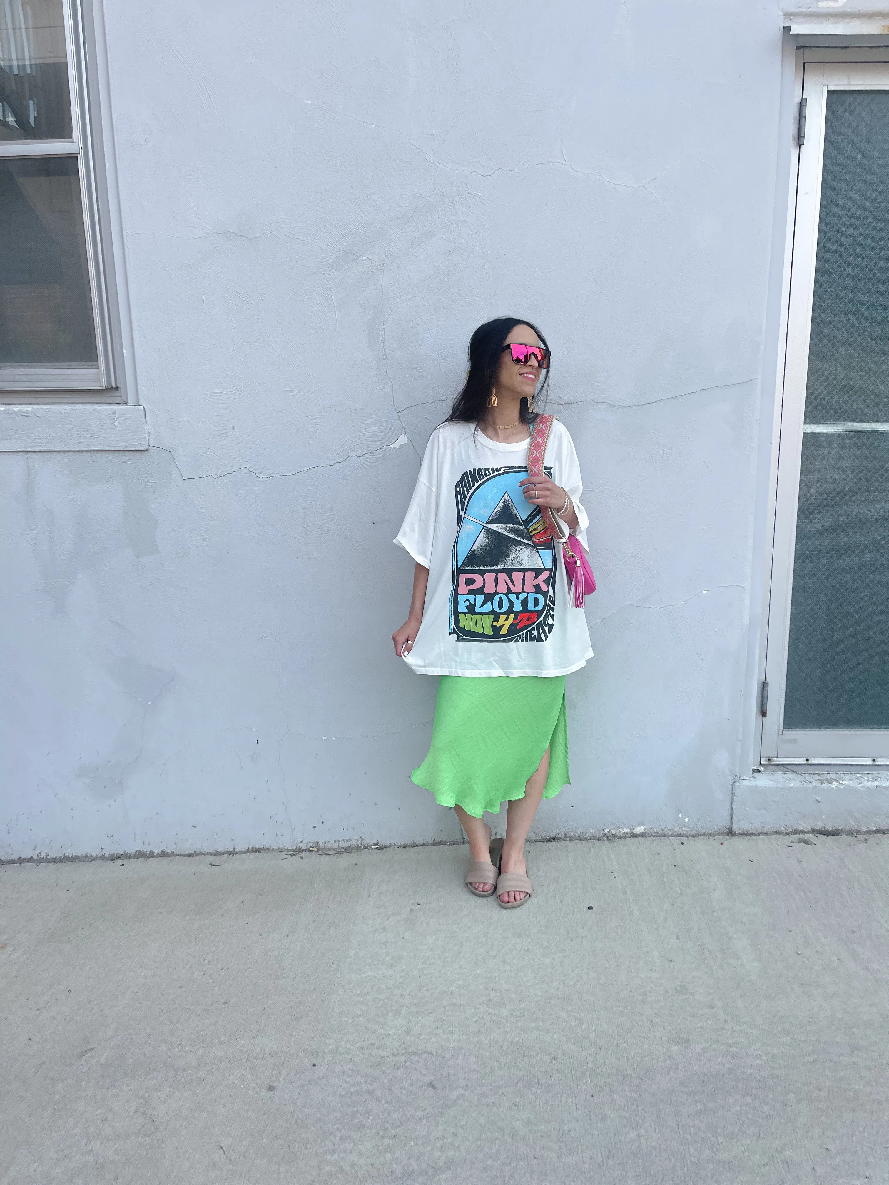 Neon Green Satin Midi Skirt
