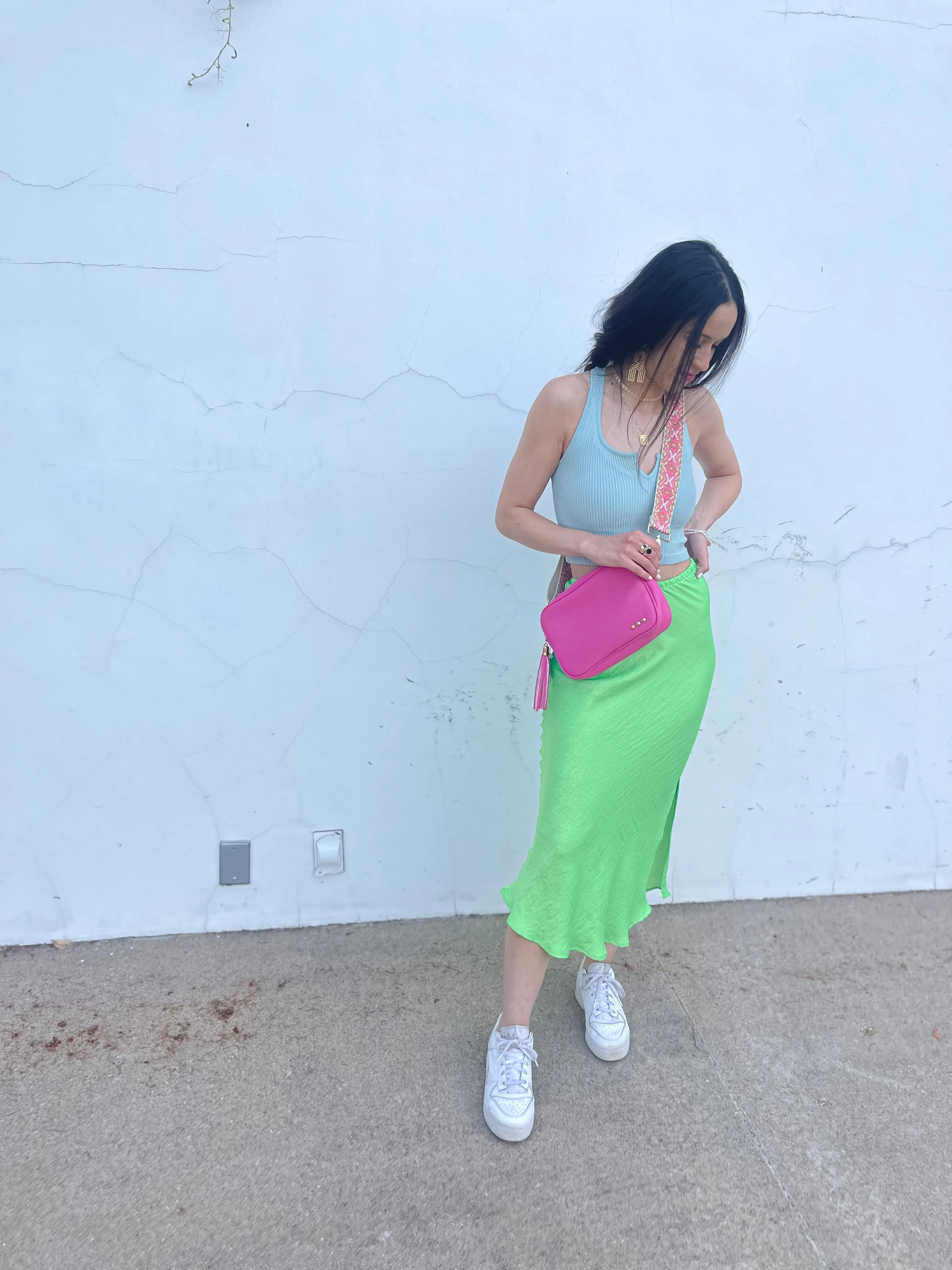 Neon Green Satin Midi Skirt