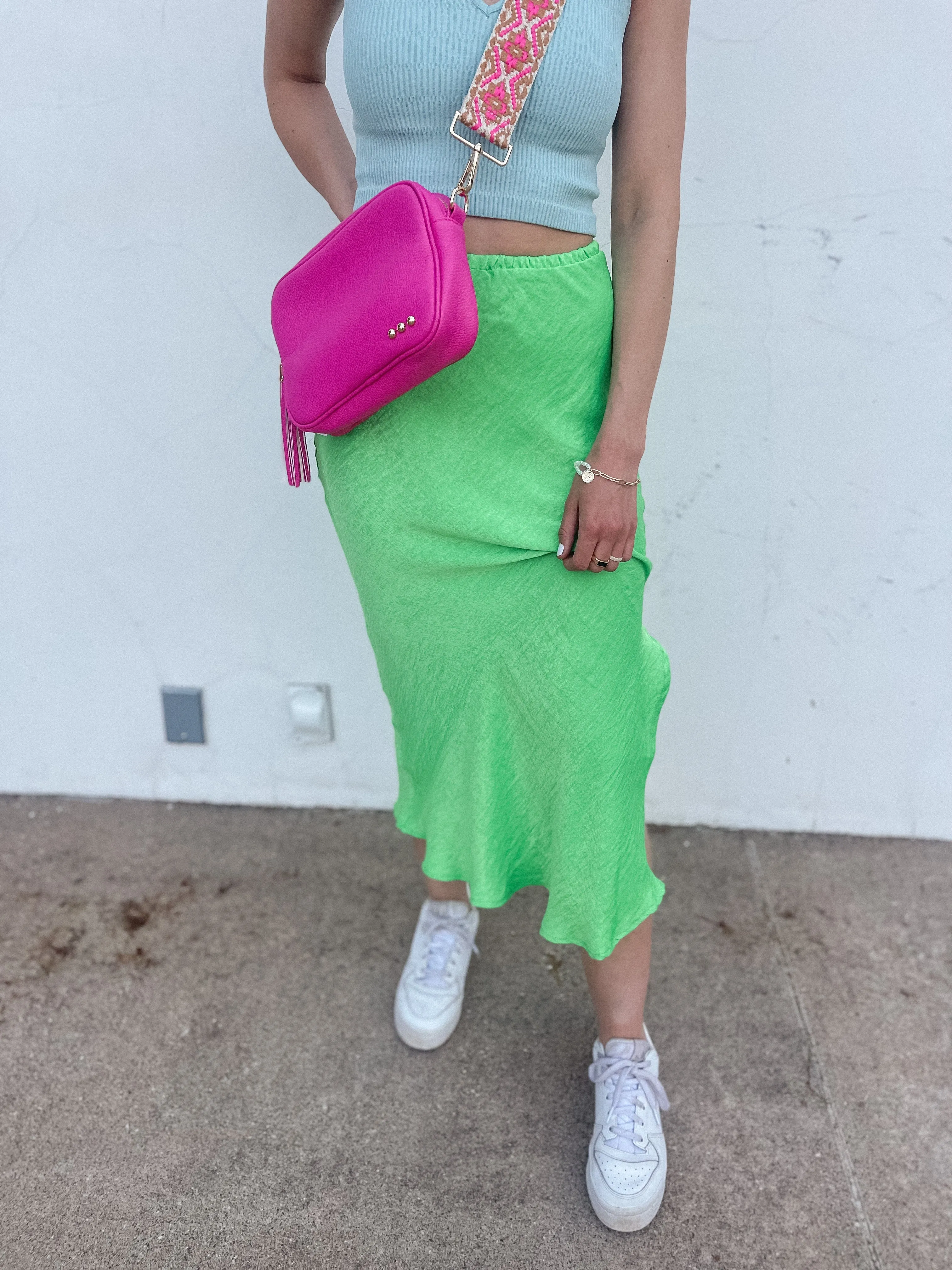 Neon Green Satin Midi Skirt