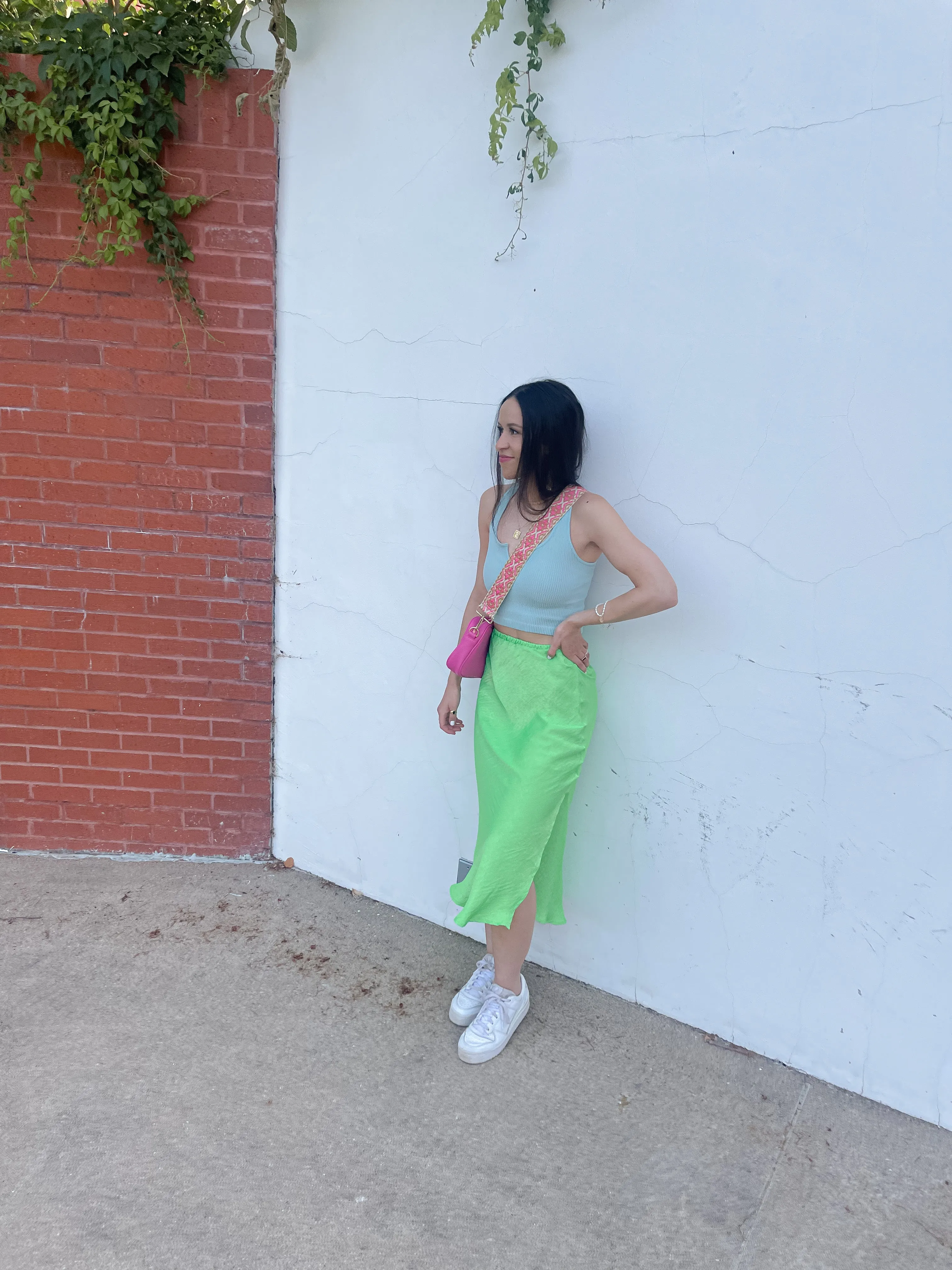 Neon Green Satin Midi Skirt
