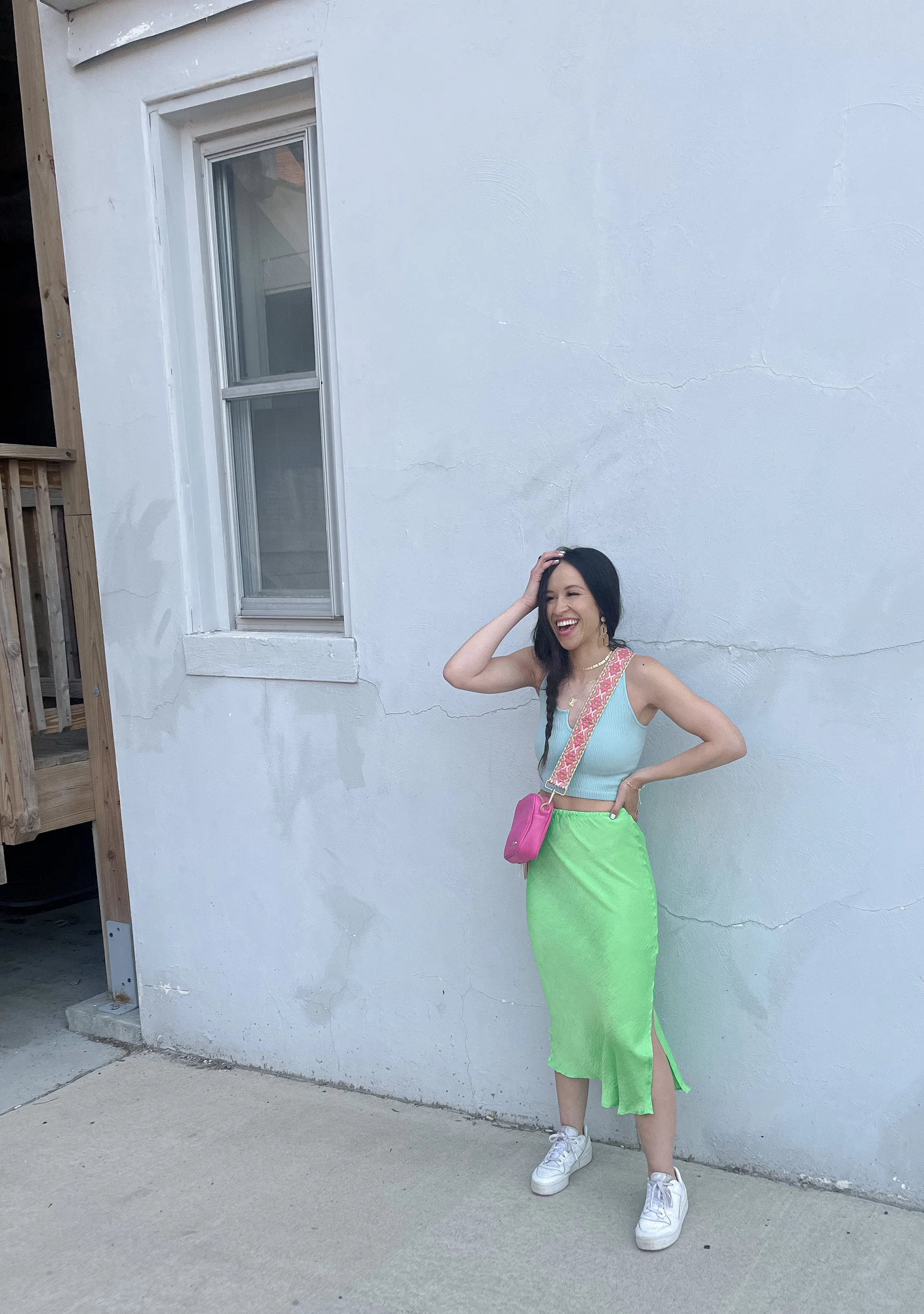 Neon Green Satin Midi Skirt