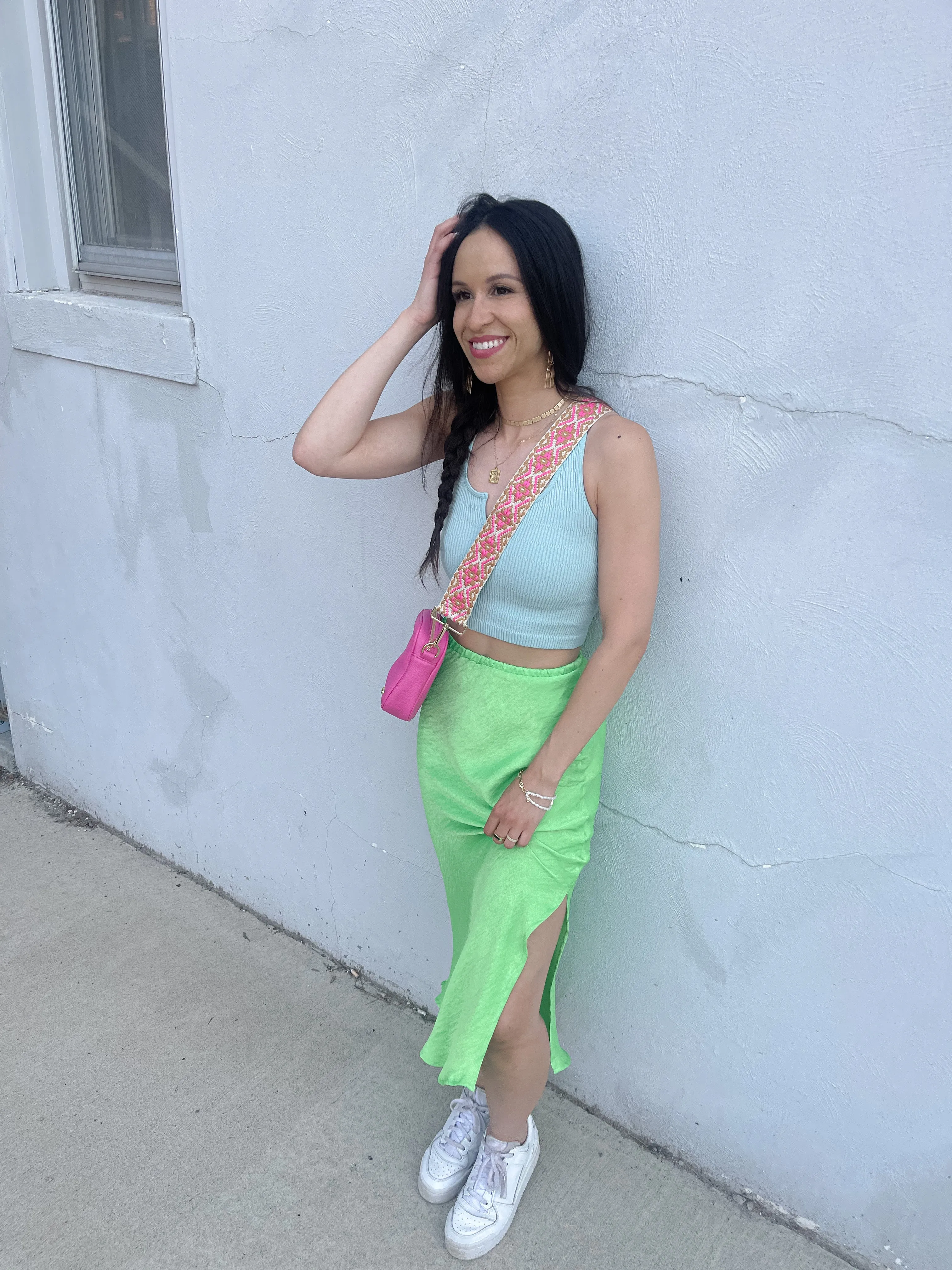 Neon Green Satin Midi Skirt