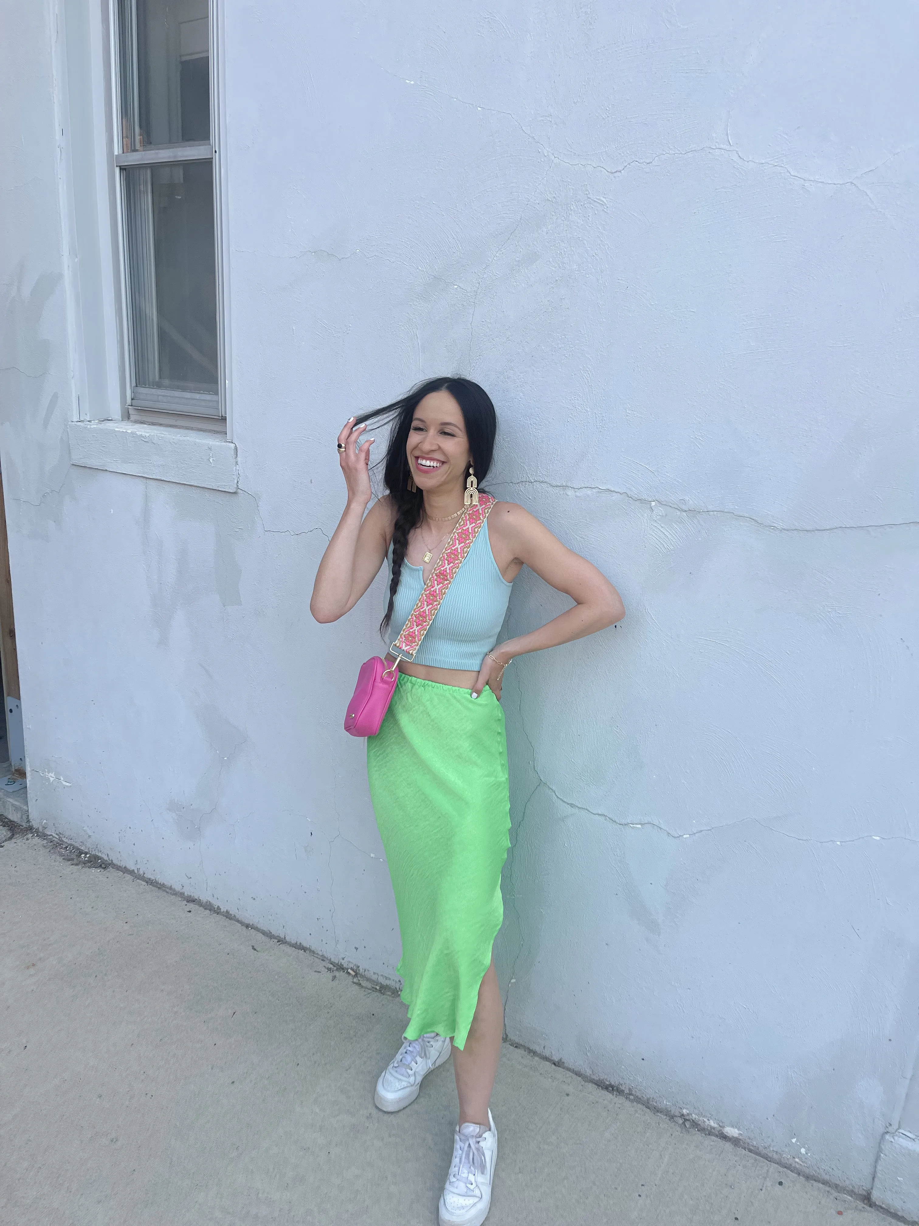 Neon Green Satin Midi Skirt